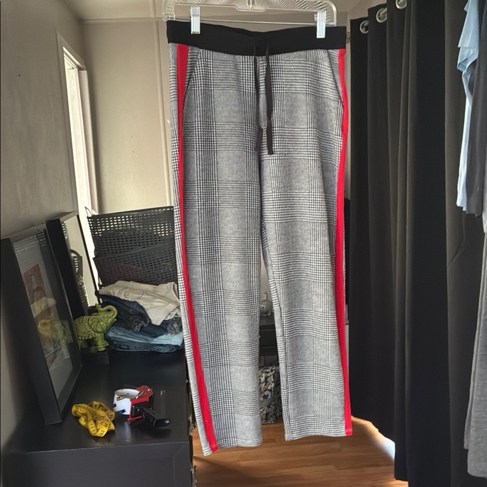 EUC Gray & Black Checkered Pants with Bold Red stripe